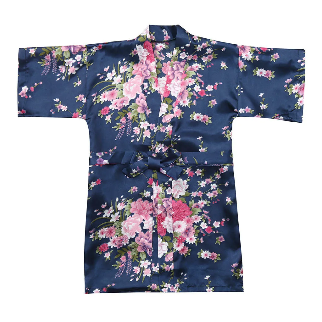 SAGACE jurk meisje Robe Mariage Enfant Vetement FILLE, детский банный халат, детская одежда для девочек, однотонные, шелковые атласное кимоно; наряд, одежда для сна, одежда подходящий для детей обоих полов, roupao infantil - Цвет: Navy