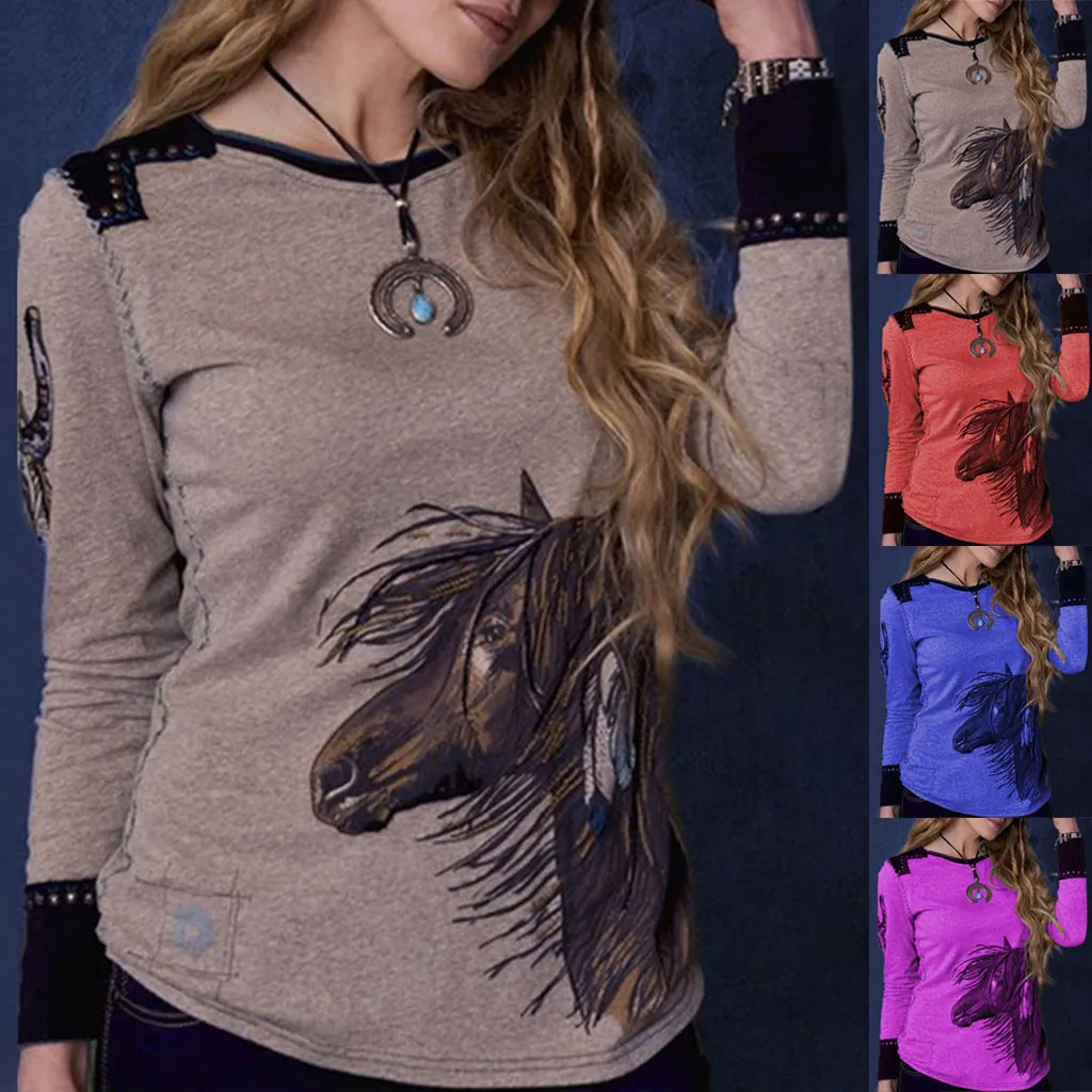 vintage mujer T-shirt Fashion Women Casual O-Neck Horse Print plus size lady T-shirt Long Sleeve Slim Tops korean style#301107