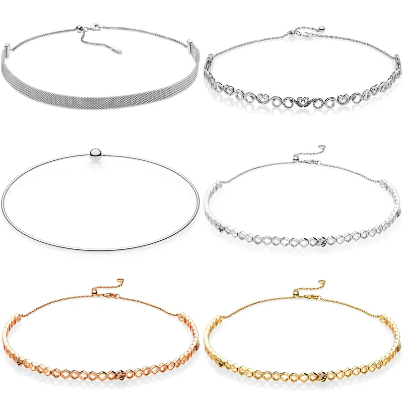 Collar de plata de ley 100% con diseño de corona de abeja y corazón con espirales, gargantilla de malla tejida, con dijes, joyería de moda, 925