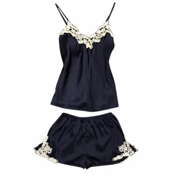 

Sexy Sleepwear Tops+Pants Suit Women Silk Embroidered Lace Stitching Candy Colored Sling Home Pajamas New Vcqy