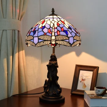 

12 inch Mediterranean Blue Dragonfly desk lamp Tiffany Stained Glass Retro bar restaurant children bedroom bedside table lamp