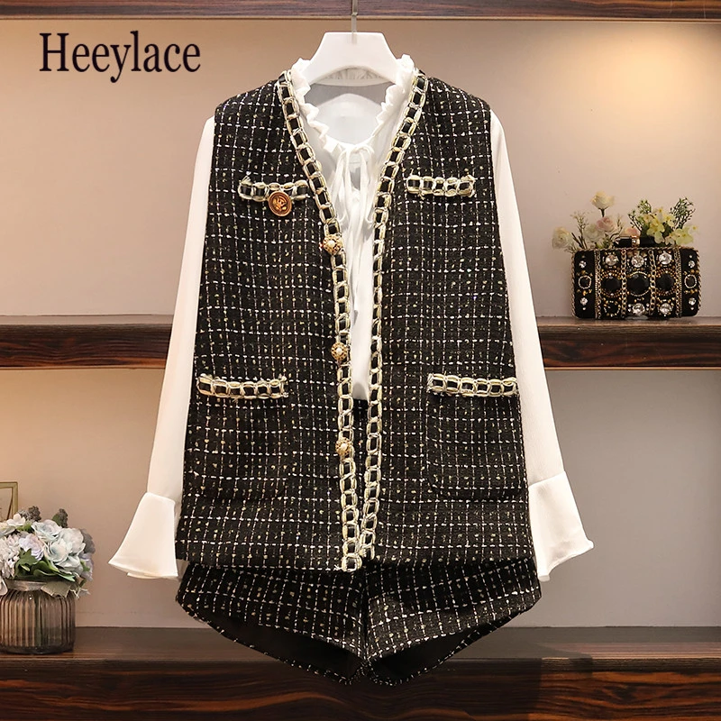 Женский офисный комплект из 3 предметов белая шифоновая блузка и твидовый жилет