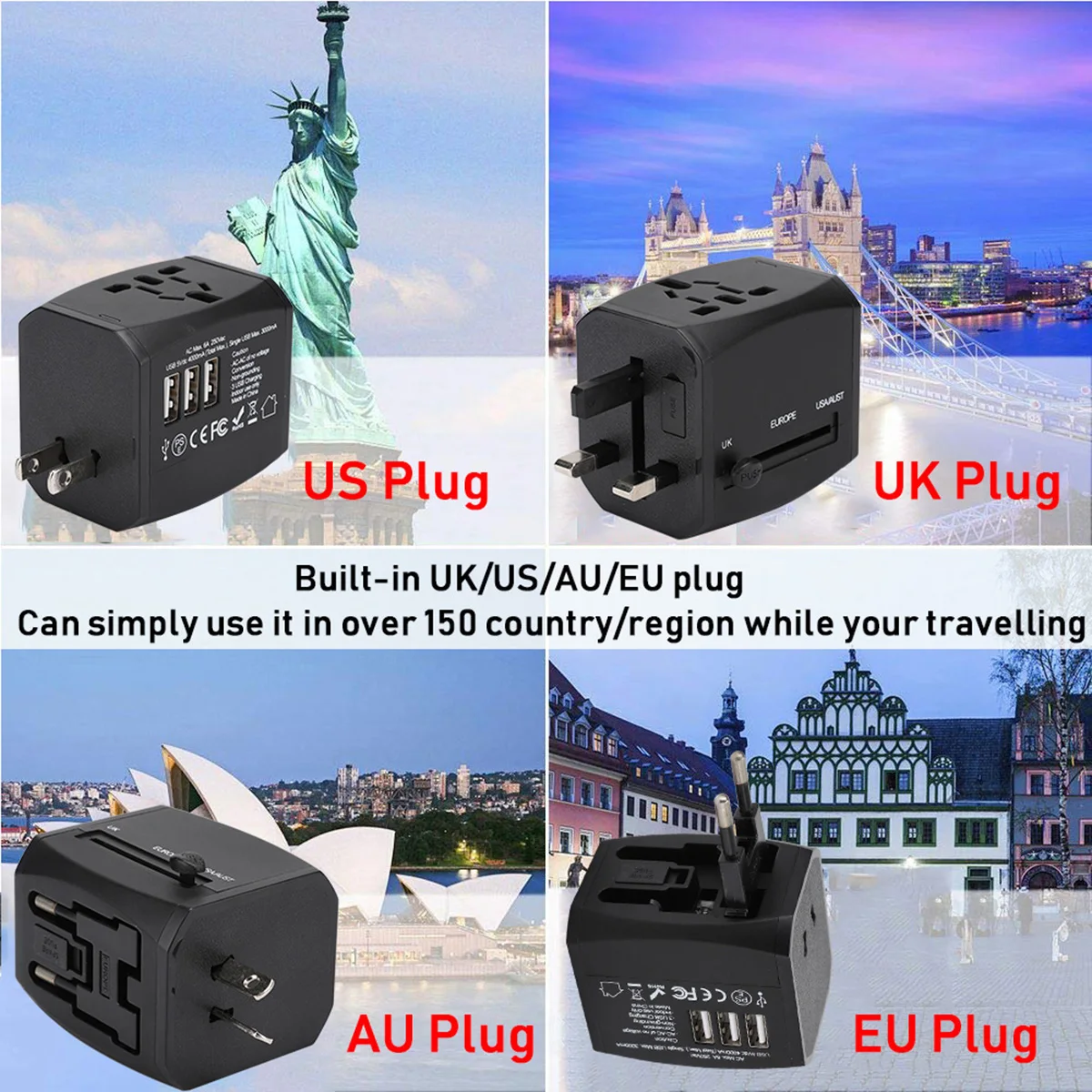 SOONHUA Универсальный адаптер питания 3 usb порта зарядки адаптеры 100-240 В адаптер питания Разъем для планшетов