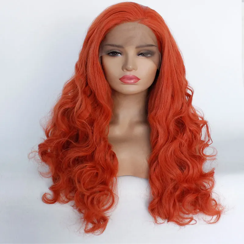 Orange Color Natural Body Wave Synthetic Hair Lace Front Wig Glueless Heat Resistant Fiber Side Parting For White Women |