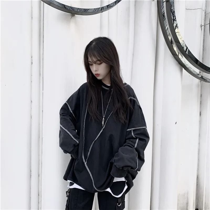 Lychee Harajuku шитье дизайн длинный рукав женский спортивный костюм свободный вырез лодочкой осенние женские пуловеры женский однотонный Свитшот