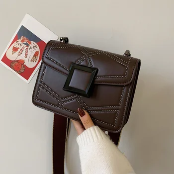 

Small Leather Rivets Crossbody Bags For Women Lady Wide Strap Shoulder and Messenger Bag 2020 Travel Handbags Black
