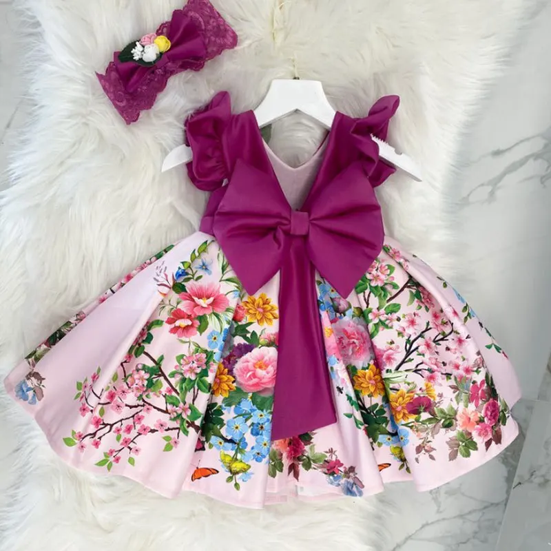 New Flower Printed Ball Gown Baby Girls Wedding Party Evening Dresses Big Bow Purple Luxurious Kids Costume For Girls 1-5Y