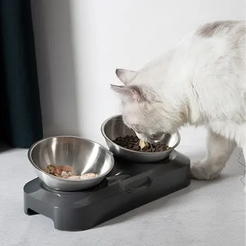 

Non-slip Cat Bowls Stainless Steel Pet Double Bowls With Raised Stand 15° Adjustable Pet Dog Cat Food And Water Bowl Feeders 12