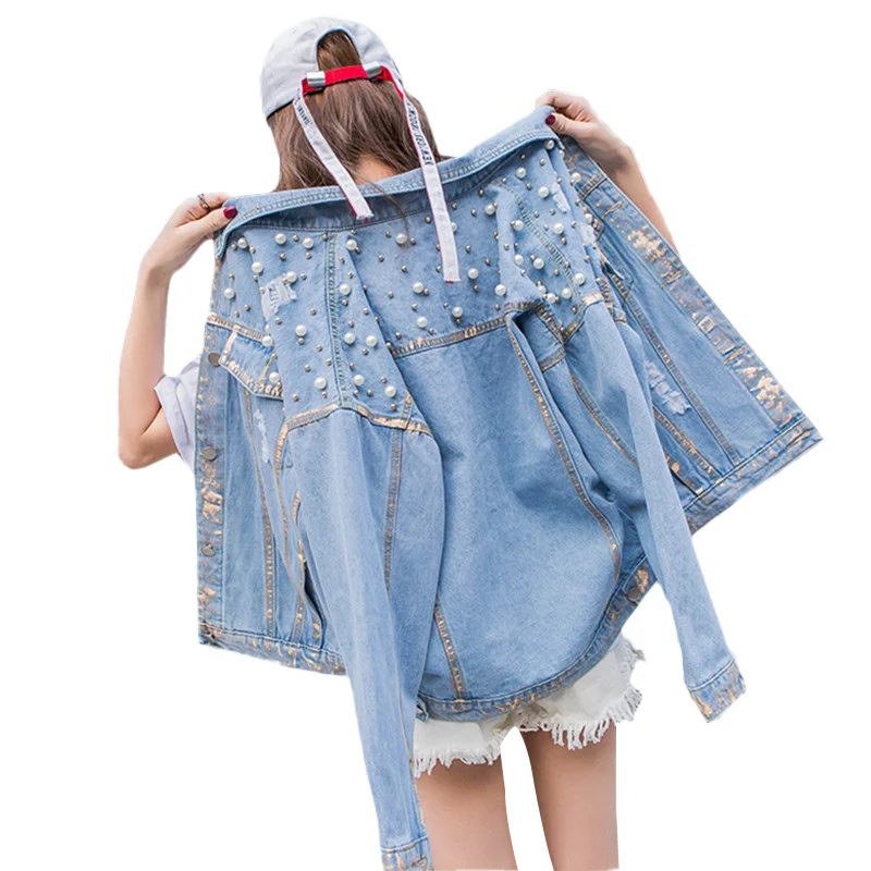 

Vintage Blue Women Basic Denim Jacket With Pearls Shoulder Beading Autumn Long Sleeve Oversized Coats Loose Female Top Outwear