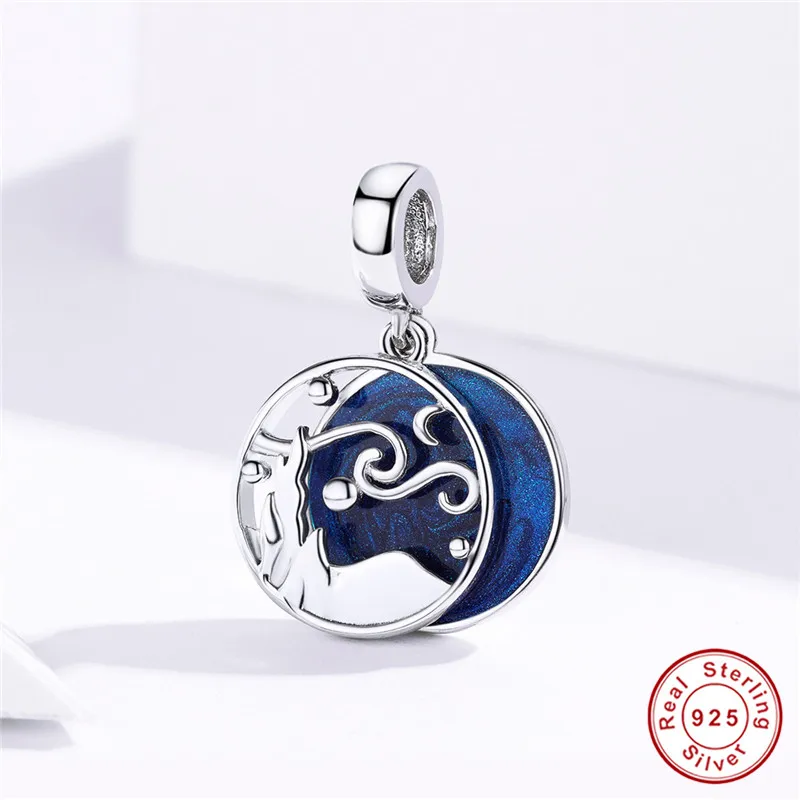 Браслет Pandora, серебро 925,, синяя эмаль, звездная ночь, бусины, S925, искусство, горная луна, звездное небо, подвески для рукоделия, ювелирное изделие