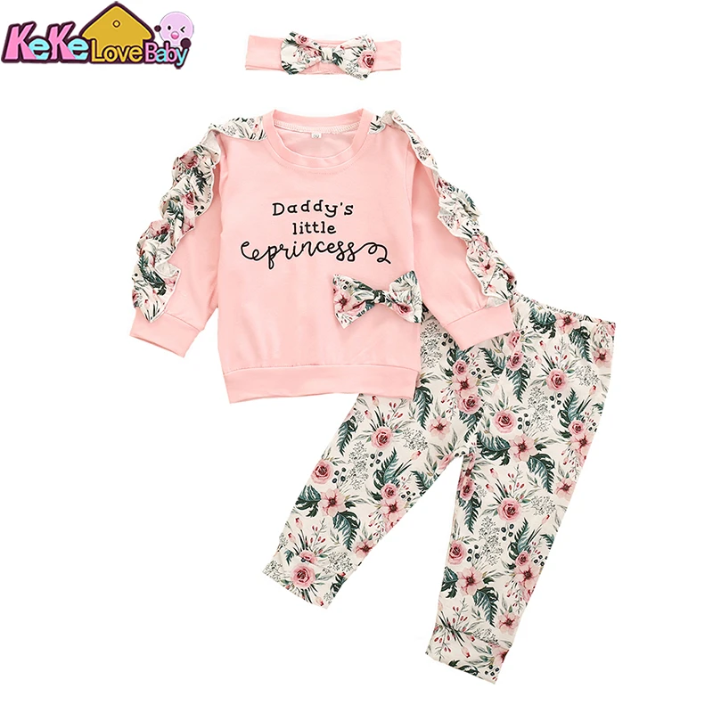 best Baby Clothing Set 3pcs Infant Baby Girl Clothes Newborn Autumn Long Sleeve Ruffle Cotton Tops Floral Pants Headband Clothing Outfit Set Fall 0-24M baby girl cotton clothing set