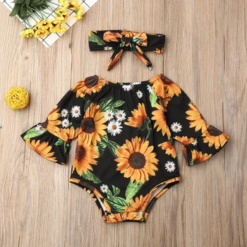 

Pudcoco Newborn Baby Girl Clothes Long Sleeve Sunflower Print Cotton Romper Jumpsuit Headband 2Pcs Outfits Clothes Autumn