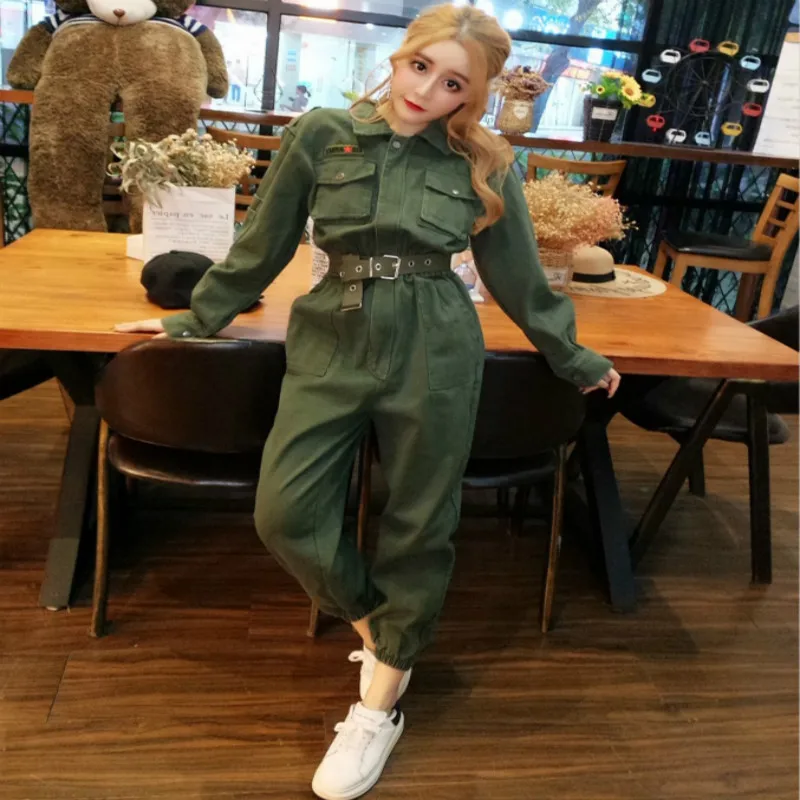 

YASUGUOJI Fashion Slim Comfortable Jeans Overalls Harem Trousers Army Green Overalls for Women New Women Jumpsuits with Belt