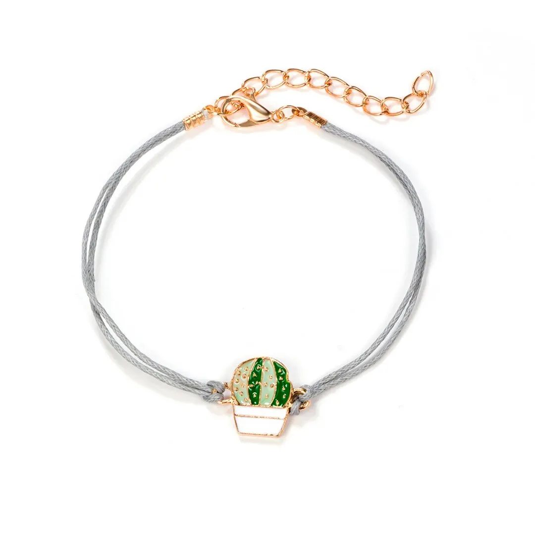 4pcs/set New Cartoon Cute Metal Cactus Rope Chain Charm Bracelet For Women Bohemian Jewelry Statement Beaded Anklet Bangle Gift