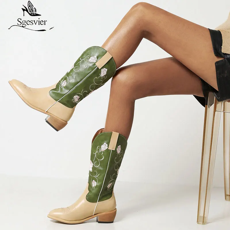 

Sgesvier 2022 Embroidered Floral Med Heels Mid Calf Boots Women Autumn Winter Western Cowgirl Boots Party Shoes Botas Mujer