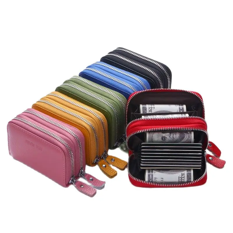 Women Card Holder Double Zipper Genuine Leather Wallet Credit Cards Case Bag