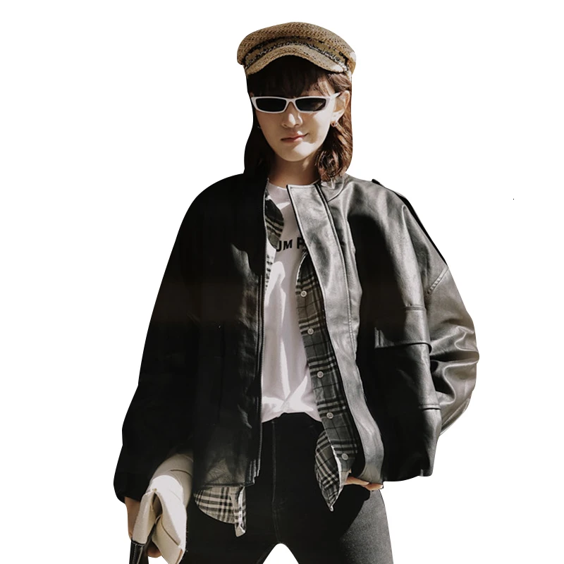 GALCAUR/женские Куртки из искусственной кожи с круглым вырезом и фонариком; пальто с длинными рукавами; топы; женская Повседневная модная осенняя одежда; Новинка года