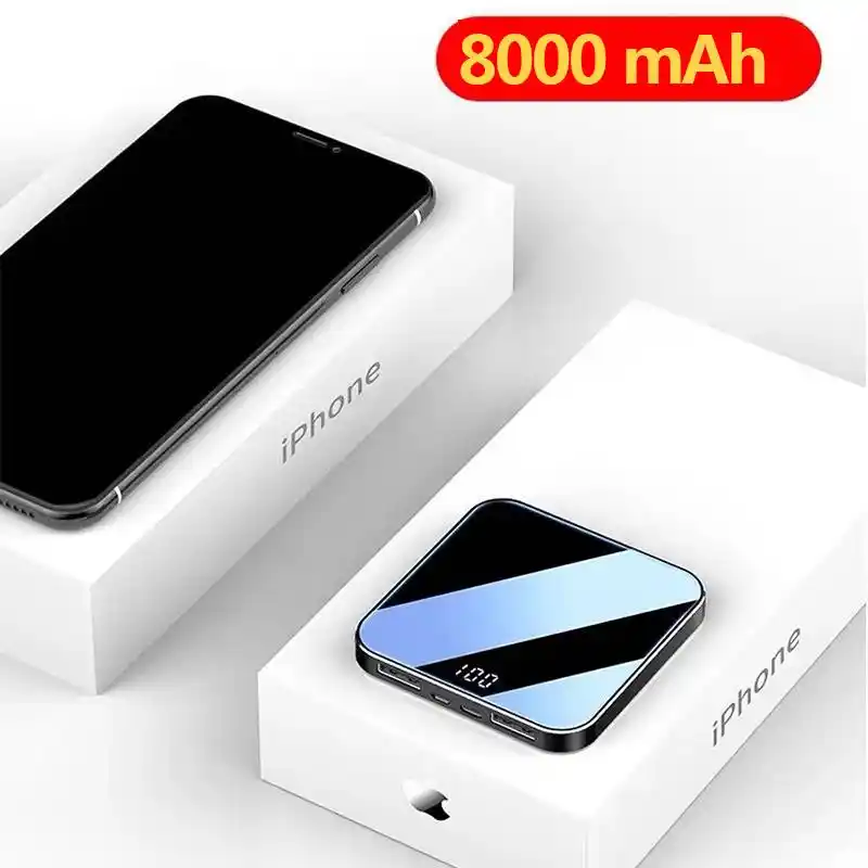 Mini Power Bank 8000mah Thin Mirror Screen 2.1A Fast Charging 3 in1 Built in Line Portable