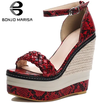 

BONJOMARISA Fashion Lady Snake Print Platform Open Toe Wedges Sewing Brand Sandals Women Casual Party Shoes Woman