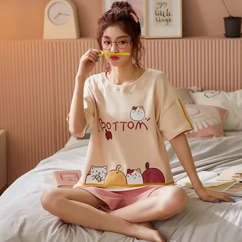 

2020 Pink Women's Pajamas Suit Cute Cat Pattern Pajamas Round Neck Pajamas Fashion Short Pajamas Pajamas Cartoon 2PCS Underwear