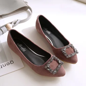 

35~43 Women Plus Size Crystal Flats Suede Leather Single Shoes Rhinestone Buckle Loafers Ladies Slip On Shallow Comfort Shoes