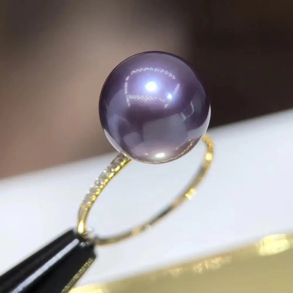 

D518 Pearl Ring Fine Jewelry Solid 18K Gold Round 11-12mm Nature Fresh Water Purple Pearls Rings for Women Presents