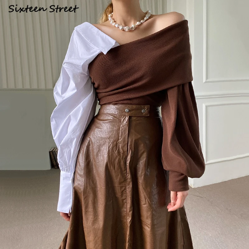 

Шикарные кофейные вязаные топы, женские весенние Рубашки 2023 с длинным рукавом и отложным воротником, женские блузы, Деловые женские топы в стиле пэчворк