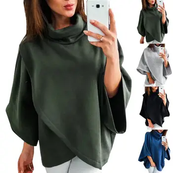 

High Quality Women Dolman Sleeve Turtleneck Solid Color Cloak Irregular Pullover Blouse Top Polyester Spandex Women's Blouse