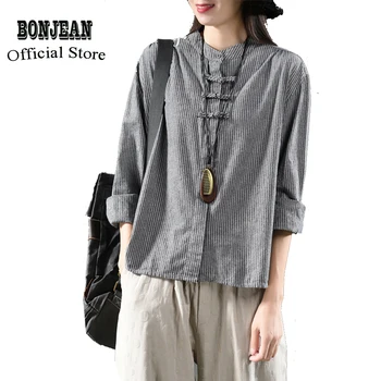 

Womens Cotton Linen Shirt Blouse O Neck Striped Big Loose Buttons Retro Vintage Fashion Casual for Spring Summer AZ30651321