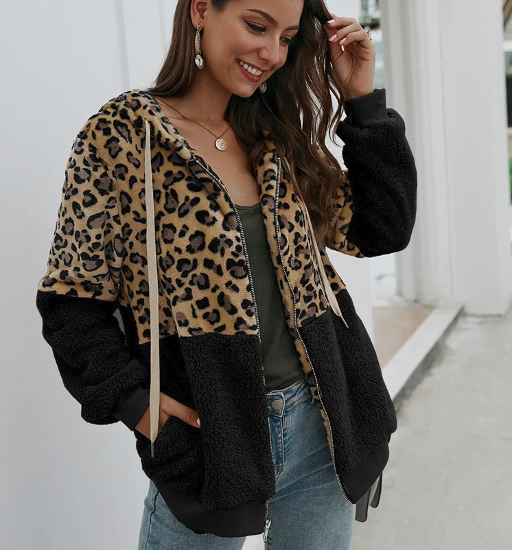 Женская леопардовая стеганая куртка с плюшевым мишкой зимнее платье с длинными рукавами куртка на молнии с капюшоном дизайн пальто Топ 5XL