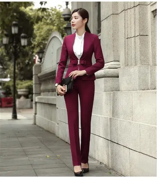 

Fashion Wine Formal Uniforms Designs Professional Pantsuits With Jackets And Pants For Ladies Office Work Wear Blazers Sets