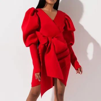 

Sexy African Women V Neck Bandage Mini Club Party Dress Bodycon Autumn Lantern Long Sleeve Bow Tie Plus Size Pleated Short Dress
