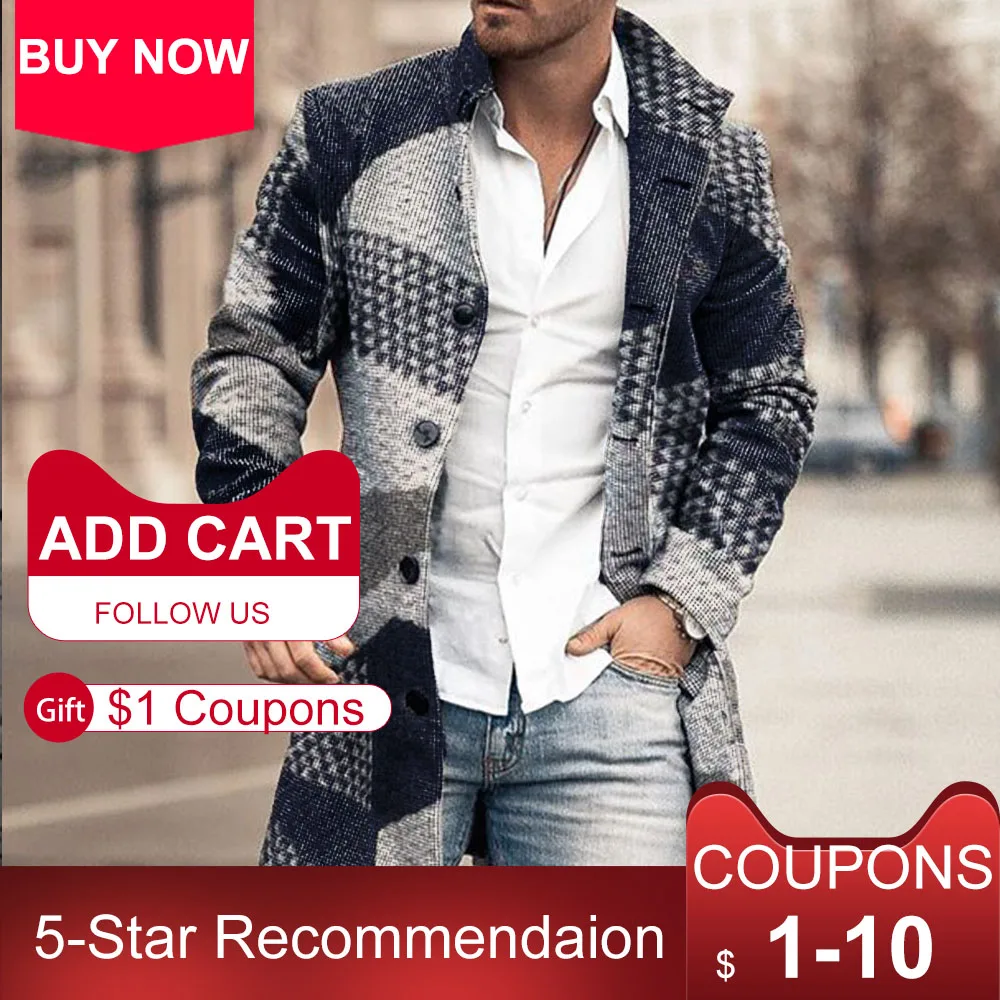 

Men Autumn Long Coat Geometric Color Block Print Button Lapel Fashion Office Winter Jacket 2020 Casual Wool Coats Oversized New