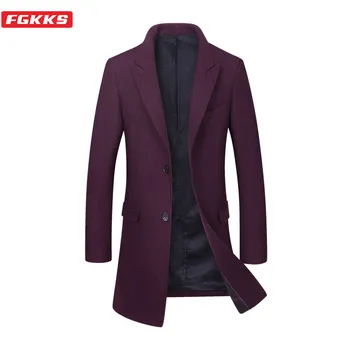 

FGKKS New Wool Blend Coats Men Winter Brand Men's Fashion Solid Color Wool Coat Casual Slim Long Section Wool Overcoat Male