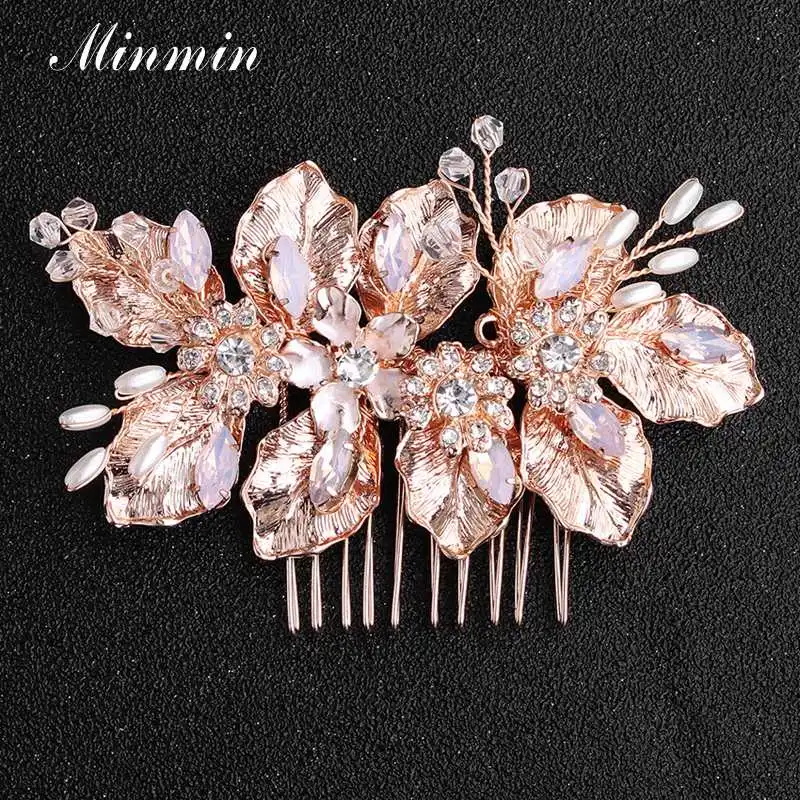 Rosegold Minmin Rosegold свадебные аксессуары для волос в форме листа с кристаллами для женщин, роскошные расчески для волос ручной работы с искусственным жемчугом, модные украшения для волос для женщин, новинка, FS293 - Окраска металла: Rosegold