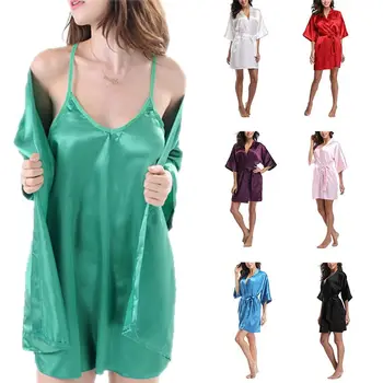 

7 7 Colors Womens Plus Size Short Kimono Cardigan Faux Silk 3/4 Sleeves V-Neck Night Robes Glitter Solid Color Nightgown With