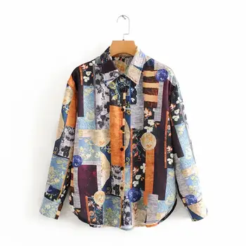 

new 2020 women vintage irregular totem print casual blouses office ladies retro leisure business shirts chic chemise tops LS6302