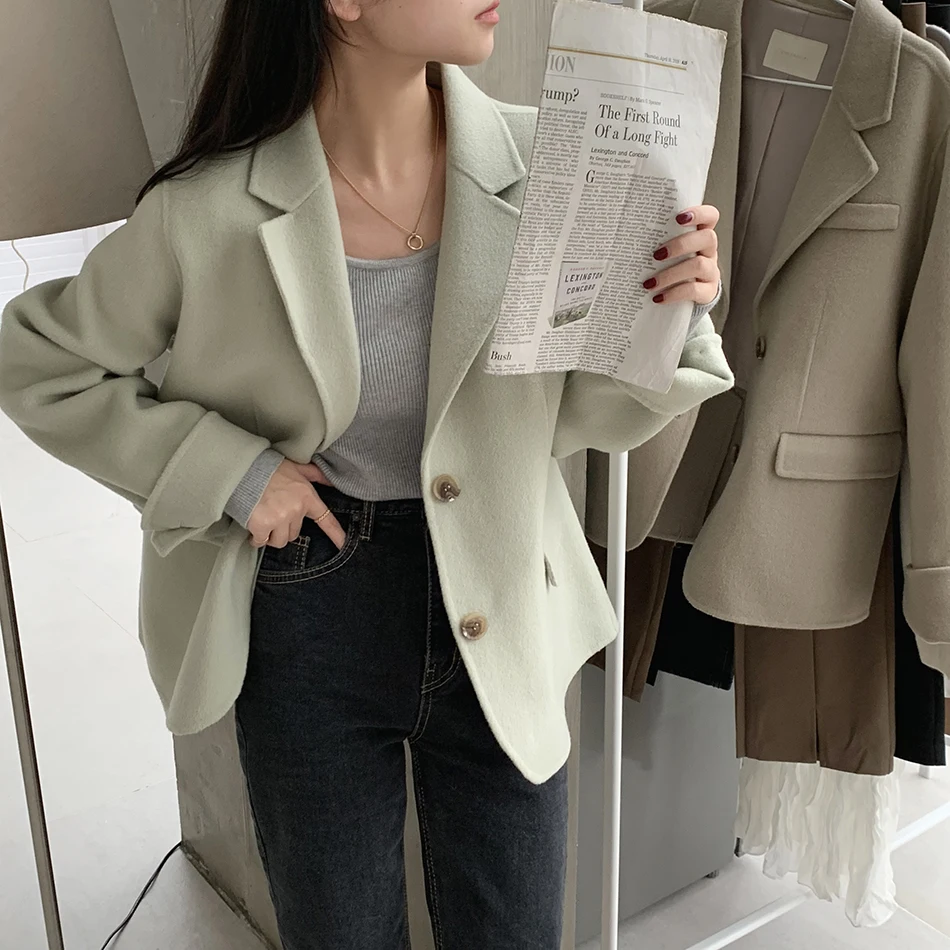 

Autumn Winter Women's Korean Style All-Match Light Green Suit Collar Short Young Woolen Coat