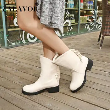 

ZALAVOR High Quality Women High Heel Boots Tassel Warm Fur Shoes Wome Winter Thick Heel Boots Classic Footwear Size 32-43