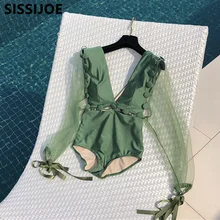 Сексуальный женский ретро сетчатый с длинными рукавами глубокий v-образный вырез зеленый купальник темперамент цельный высокая талия купальники для женщин