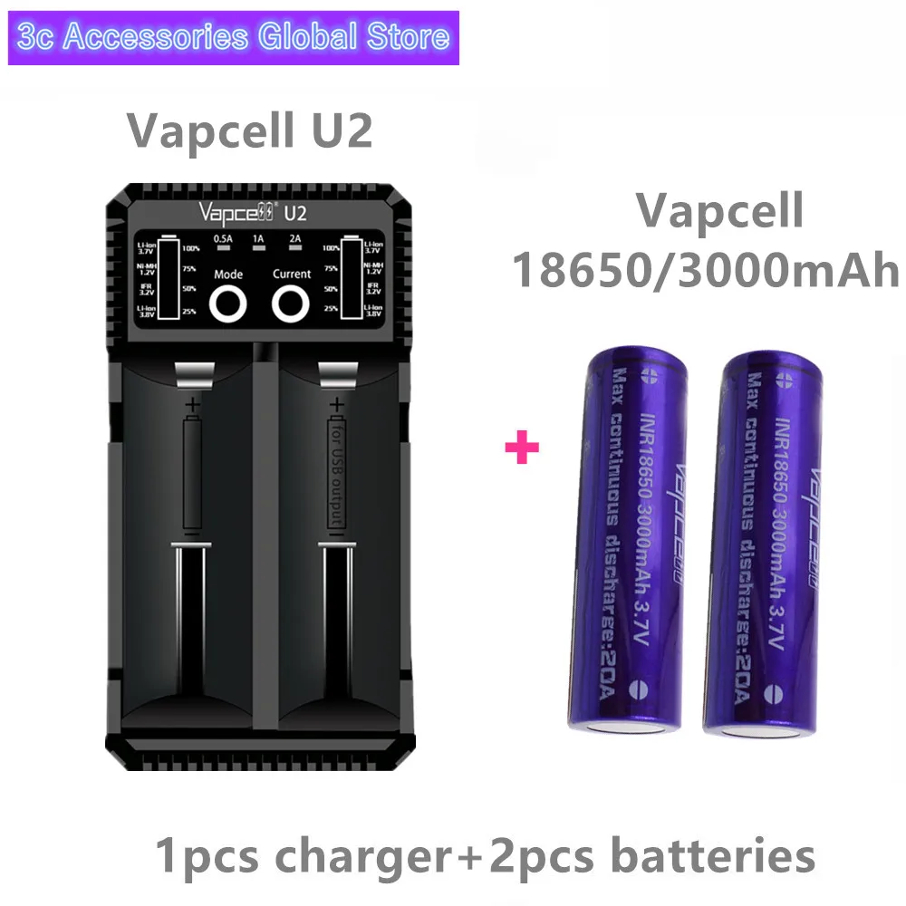 

2pcs VAPCELL INR 18650 BATTERY 3000mAh 20A rechargeable battery with Vapcell U2 2A fast charging USB charger for mod smoke