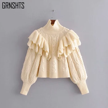 

GRNSHTS New Cute Lady Ruffled Knit Sweater Turtleneck Slim Long Sleeve Solid Color Pullover Cute Lady Casual Shoes Chic Top