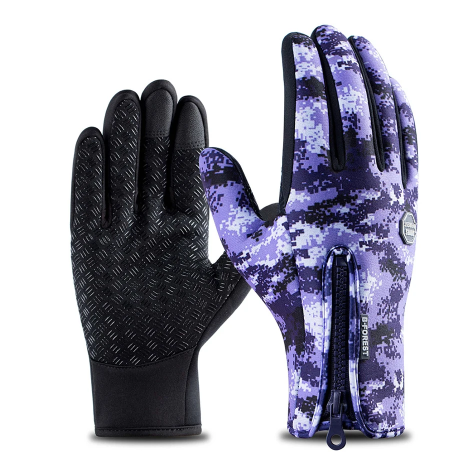 Стоящие Зимние перчатки для велоспорта, теплые перчатки с сенсорным экраном, водонепроницаемые, для улицы, велосипедный и Лыжный спорт, для езды на мотоцикле - Цвет: Camo Purple