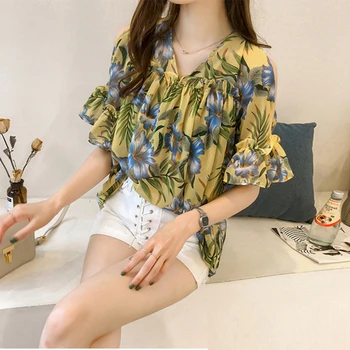 

Printed Off-The-Shoulder v-Neck Chiffon Loose Bottoming Blouse Vintage Sweet Trumpet Sleeve women tops new