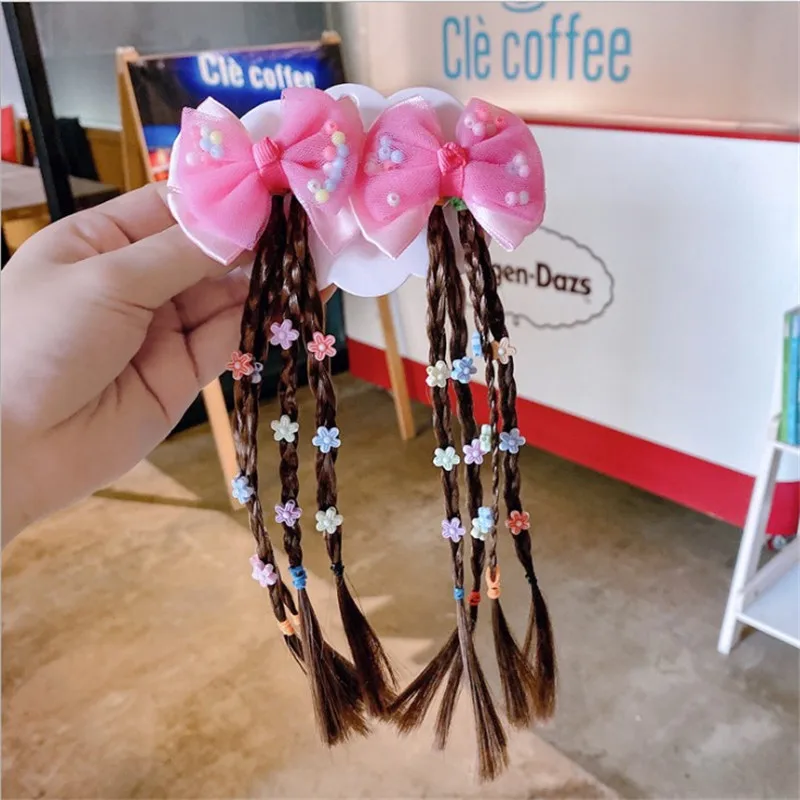 1Pair Children Wig Braiders Flower Bowknot Multi-color Hair Clip Kids Elastic Hair Bands Girl Hair Accessories Wig Ponytail Pins - Цвет: Розовый
