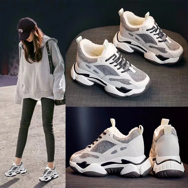 Baskets femme/женские кроссовки; Новинка года; модные зимние кроссовки; женские кроссовки на платформе; цвет серый, черный; кроссовки с теплым мехом для папы