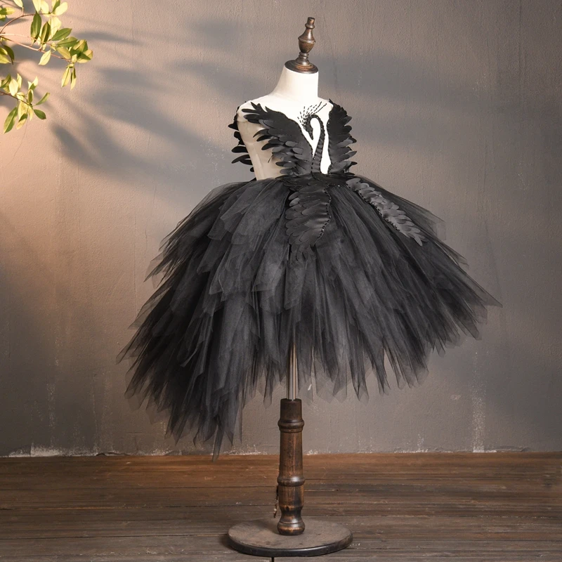 Elegant Swan Crystal Tulle Trailing Flower Girl Dress Evening Gown Kids Pageant Dress Birthday Party Feather Lace Princess Dress little girl skirt dress