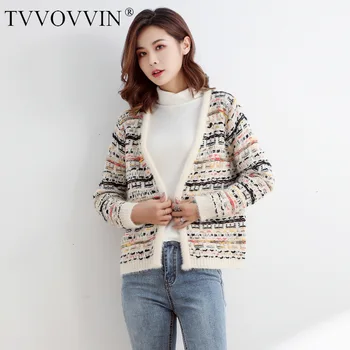 

TVVOVVIN 2019 Autumn Cotton Hit Color Stripe V-Neck Sweater Loose Coat Short Fund Knitting Cardigan L151