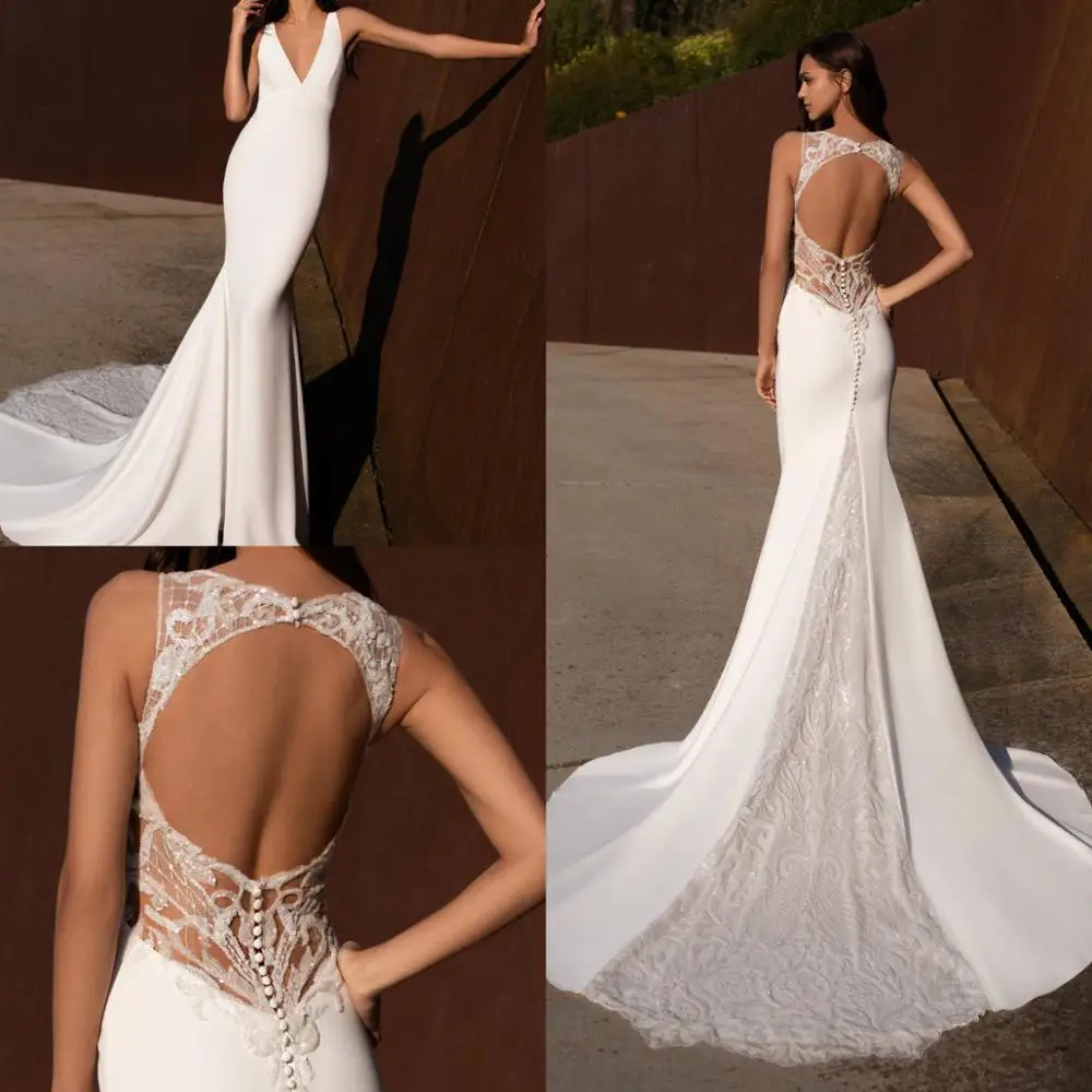 

Plunging V Neck Mermaid Wedding Dress Keyhole Back Lace Sequined Beach Wedding Gowns with Illusion Details Sexy robes de marié