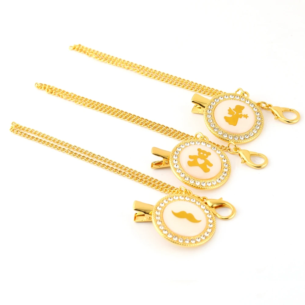 Handmade Baby Boys Girls High Class Golded Pacifier Clip Chain Safe Pacifier Holder Bling Bling Metal Chain